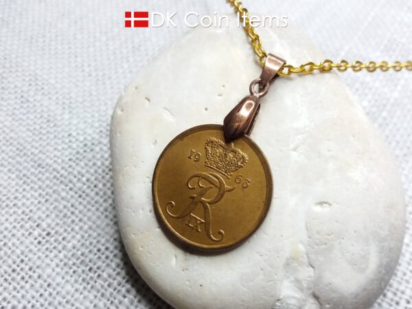 Denmark 1963 coin necklace with 61 year old Crown R initial 5 ore as coin pendant. 61st birthday gift. Danish vintage souvenir