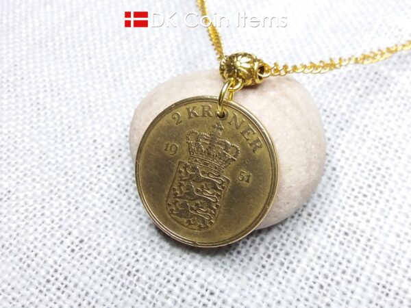 Denmark 1951 Crown Coat of Arms coin necklace with 73 year old golden 2 kroner as coin pendant. 73rd birthday gift. Danish vintage souvenir