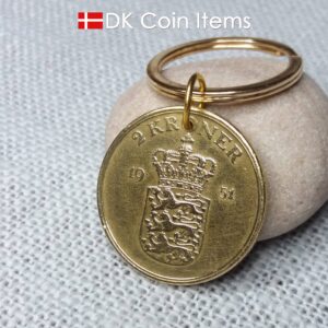 Denmark 1951 Crown Coat of Arms coin keychain with 73 year old golden 2 kroner as coin pendant. 73rd birthday gift. Danish vintage souvenir