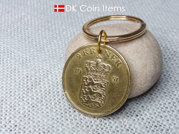 Denmark 1951 Crown Coat of Arms coin keychain with 73 year old golden 2 kroner as coin pendant. 73rd birthday gift. Danish vintage souvenir