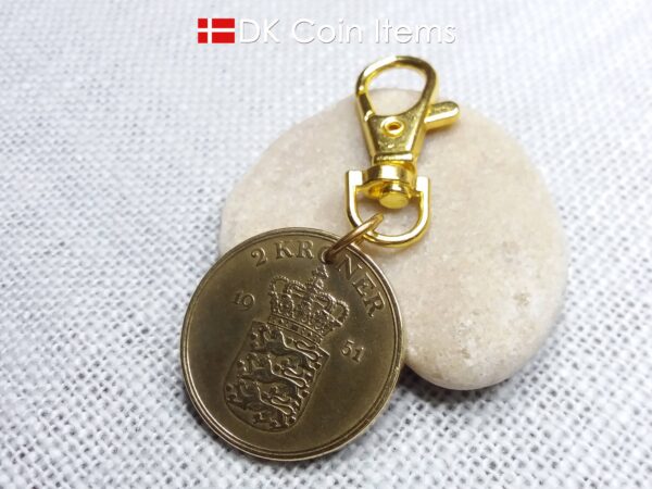 Denmark 1951 Crown Coat of Arms coin charm with 73 year old golden 2 kroner as coin pendant. 73rd birthday gift. Danish vintage souvenir