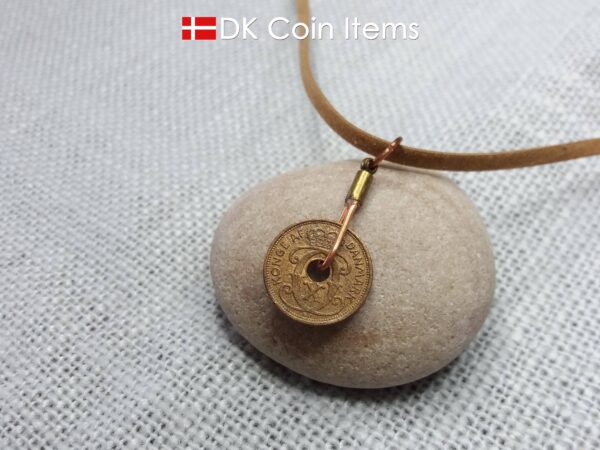 Denmark 1940 Crown C-initial coin necklace with 85 year old copper 1 ore as pendant. 84th birthday gift. Danish vintage souvenir gift