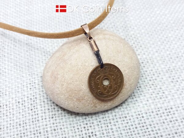 Denmark 1929 Crown C-initial coin necklace with 95 year old copper 1 ore as pendant. 95th birthday gift. Danish vintage souvenir gift