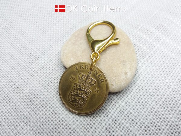 Denmark 1951 coin charm with 73 year old golden Crown Coat of Arms 2 kroner as coin pendant. 73rd birthday gift. Danish vintage souvenir