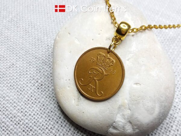 Denmark 1968 coin necklace with 56 year old Crown R initial 5 ore as coin pendant. 56th birthday gift. Danish vintage souvenir