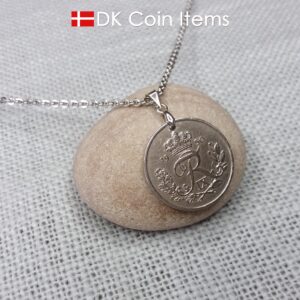 Denmark R-initial 1950 coin necklace with 74 year old 25 ore as coin pendant on pinch bail with snap lock. Cord/Chain options