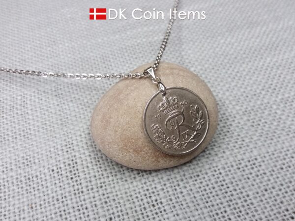 Denmark R-initial 1950 coin necklace with 74 year old 25 ore as coin pendant on pinch bail with snap lock. Cord/Chain options