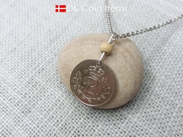 Denmark R-initial 1950 coin necklace with 74 year old 25 ore as coin pendant on wire with tree bead. Cord/Chain options