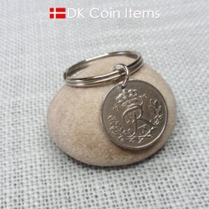 Denmark R-initial 1950 coin keychain with 74 year old 25 ore as coin pendant on 30mm keyring