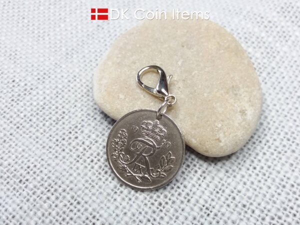 Denmark R-initial 1950 coin charm with 74 year old 25 ore as coin pendant on 18mm lobster claw clasp