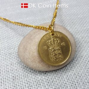 Denmark 1948 coin necklace with golden 76 year old Coat of Arms 1 krone as coin pendant. Cord/Chain options