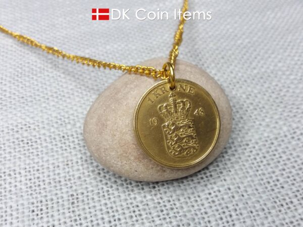 Denmark 1948 coin necklace with golden 76 year old Coat of Arms 1 krone as coin pendant. Cord/Chain options