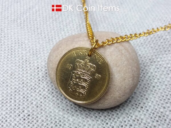 Denmark 1957 coin necklace with golden 67 year old Coat of Arms 1 krone as coin pendant. Cord/Chain options