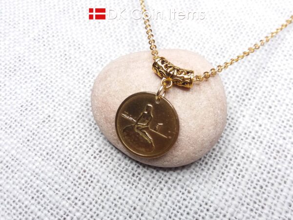 Denmark Mermaid necklace. The Danish Little Mermaid statue on Copenhagen vintage fare token. Chain included