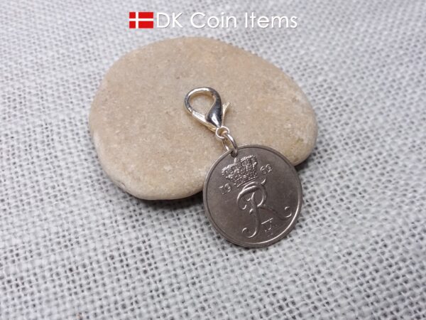 Denmark 1962 R-initial coin charm with 62 year old 25 ore as coin pendant on 18mm lobster claw clasp