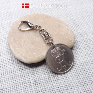 Denmark 1962 R-initial coin charm with 62 year old 25 ore as coin pendant on swivel unit and lobster claw clasp