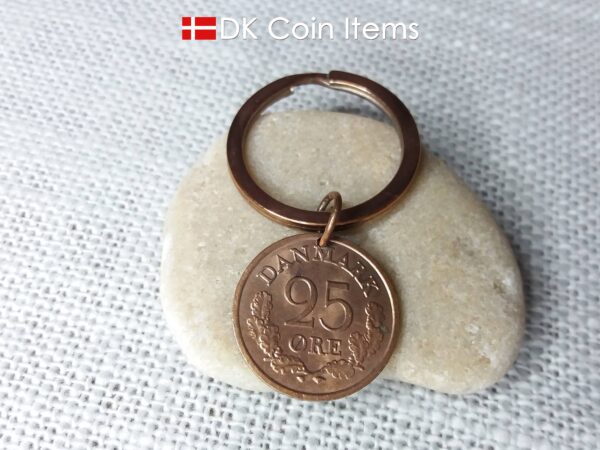 Denmark 1965 coin keychain with 59 year old Crown R initial 25 ore as coin pendant. 59th birthday gift. Danish vintage souvenir