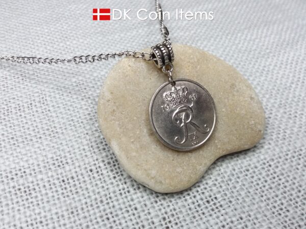 Denmark 1961 coin necklace with 63 year old Crown R initial 25 ore as coin pendant. 63rd birthday gift. Danish vintage souvenir