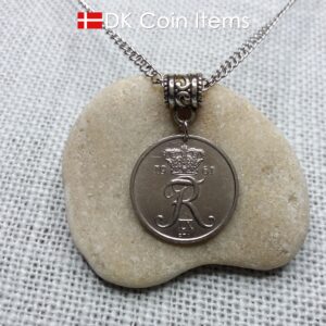 Denmark 1961 coin necklace. 63 year old Crown R initial 25 ore as coin pendant. 63rd birthday gift. Danish vintage souvenir