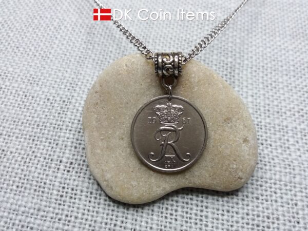 Denmark 1961 coin necklace. 63 year old Crown R initial 25 ore as coin pendant. 63rd birthday gift. Danish vintage souvenir