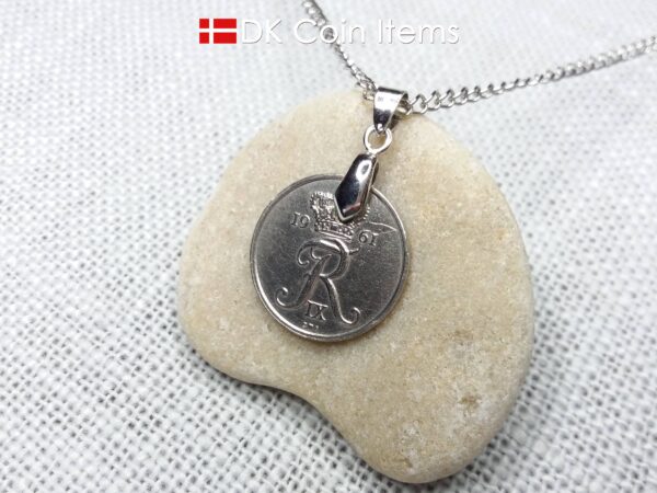 Denmark 1961 coin pendant necklace with 63 year old Crown R initial 25 ore. 63rd birthday gift. Danish vintage souvenir