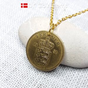 Denmark 1951 coin necklace with 73 year old golden Coat of Arms coin pendant with Royal Crown 2 krone. 73rd birthday gift. Vintage souvenir