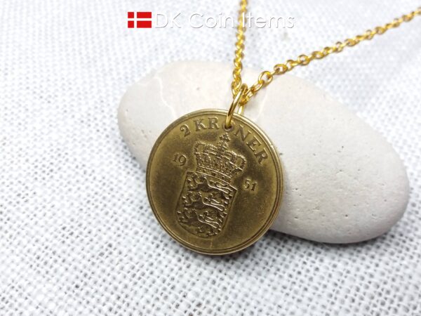 Denmark 1951 coin necklace with 73 year old golden Coat of Arms coin pendant with Royal Crown 2 krone. 73rd birthday gift. Vintage souvenir