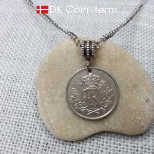 Denmark 1958 coin pendant necklace with 66 year old Crown R initial 25 ore as coin pendant. 66th birthday gift. Danish vintage souvenir