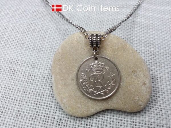 Denmark 1958 coin pendant necklace with 66 year old Crown R initial 25 ore as coin pendant. 66th birthday gift. Danish vintage souvenir