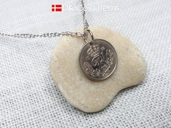 Denmark 1955 coin pendant necklace with 69 year old Crown R initial 25 ore as coin pendant. 69th birthday gift. Danish vintage souvenir