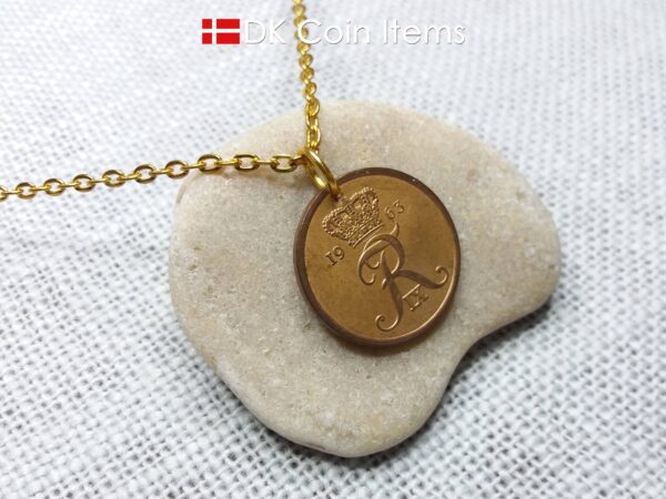 Denmark 1963 coin pendant necklace with Crown R initial. 61 year old 5 ore. 61st birthday gift. Danish vintage souvenir