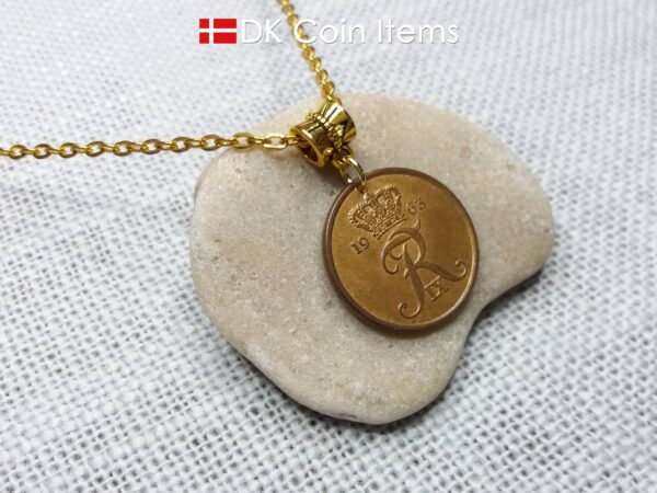 Denmark 1963 coin necklace with Crown R initial. 61 year old 5 ore pendant. 61st birthday gift. Danish vintage souvenir