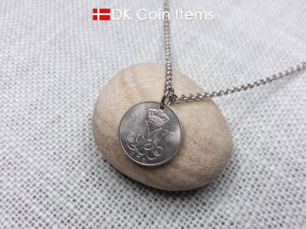 Denmark 1977 coin pendant necklace with Crown M initial. 47 year old 10 ore. 47th birthday gift. Danish vintage souvenir