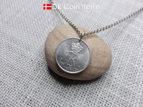 Denmark 1970 coin necklace with 54 year old Crown R initial 2 ore as coin pendant. Unique 54th birthday gift or Danish vintage souvenir