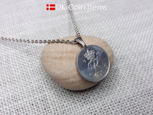 Denmark 1970 coin pendant necklace with 54 year old Crown R initial 2 ore. Unique 54th birthday gift or Danish vintage souvenir