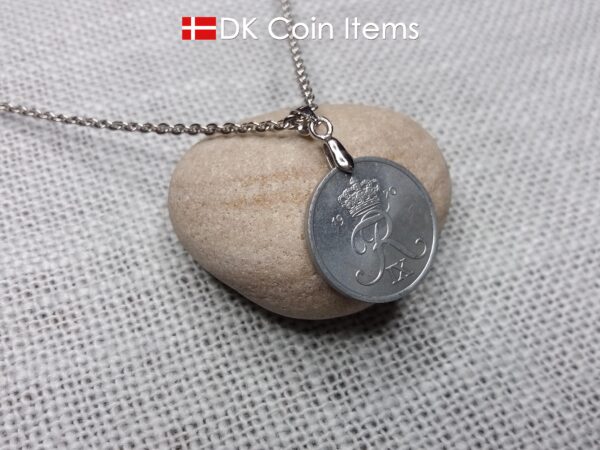 1970 coin pendant necklace with 54 year old Danish Crown R initial 2 ore. Unique 54th birthday gift or Danish vintage souvenir