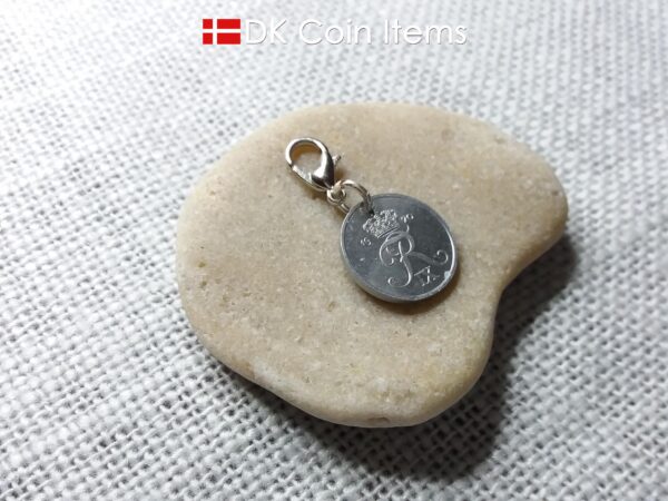 Denmark 1970 coin charm with 54 year old Crown R initial 1 ore as coin pendant. Unique 54th birthday gift or Danish vintage souvenir