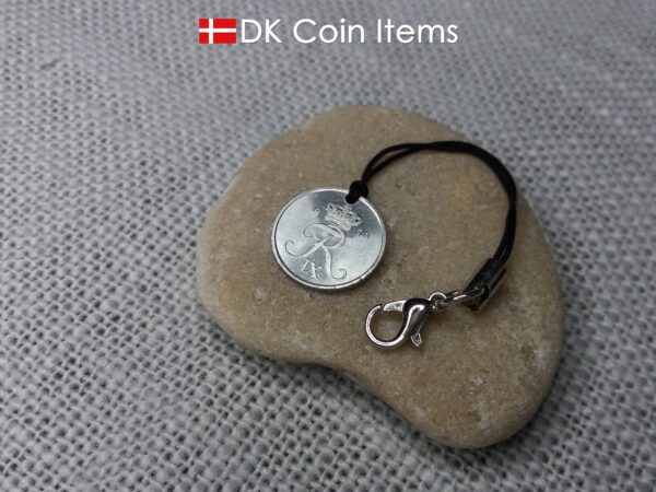 Denmark 1970 coin pendant charm with 54 year old Crown R initial 1 ore. Unique 54th birthday gift or Danish vintage souvenir