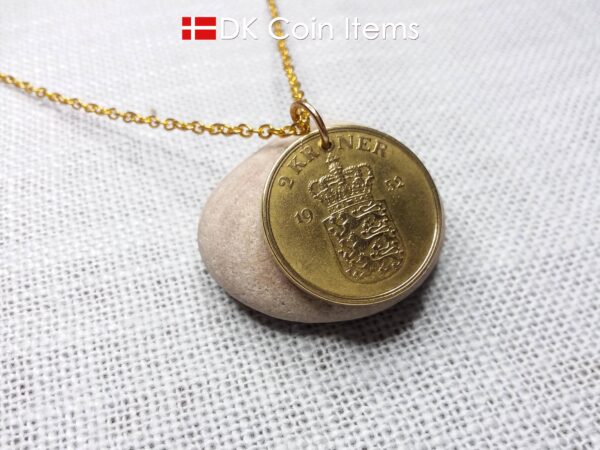 Denmark 1952 coin necklace with 72 year old golden Coat of Arms coin pendant with Royal Crown 2 krone. 72nd birthday gift. Vintage souvenir