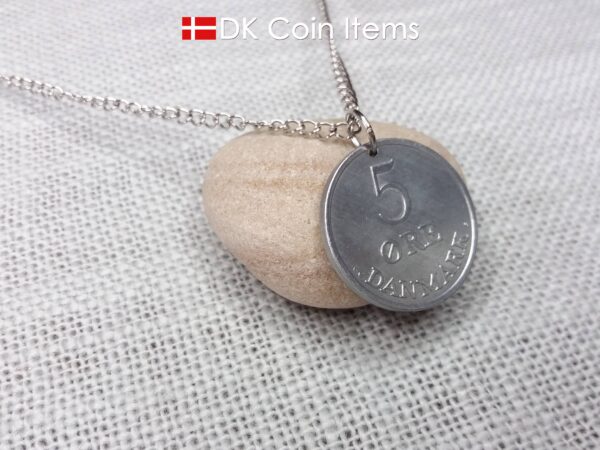 Danish 5 ore coin pendant necklace. 61 year old Crown R initial coin from Denmark 1963. Unique 5th anniversary gift or 61st birthday gift