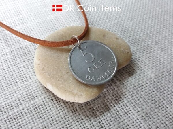 Coin necklace with Danish 5 ore 1963. Crown R initial on 61 year old coin from Denmark. Unique 5th anniversary gift or 61st birthday gift