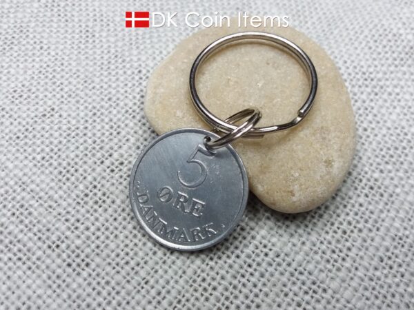 Danish 5 ore coin pendant keychain. 61 year old Crown R initial coin from Denmark 1963. Unique 5th anniversary gift or 61st birthday gift