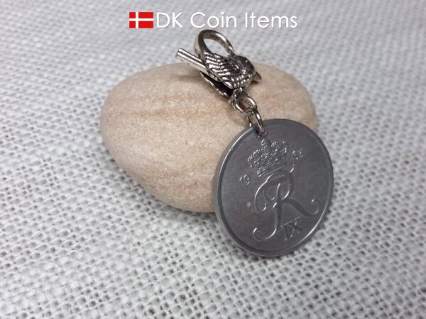 1963 Crown R coin charm with 61 year old 5 ore from Denmark as coin pendant on parrot trigger clip. Danish Vintage souvenir