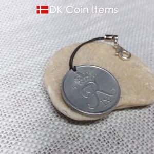 R initial coin charm with 61 year old 5 ore from Denmark as coin pendant on lariat cord strap. Danish 1963 vintage souvenir