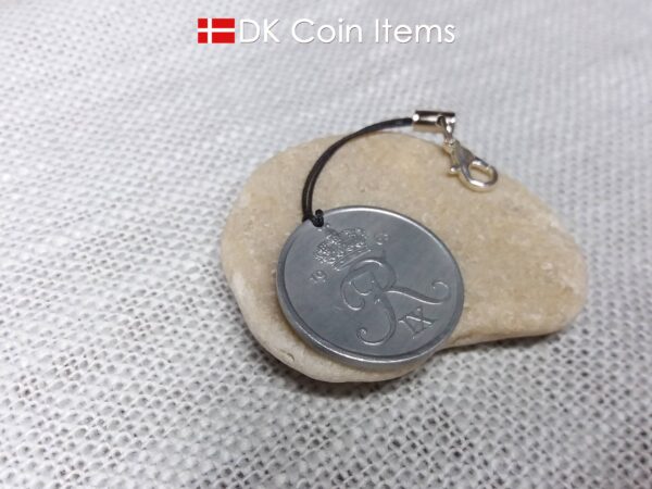 R initial coin charm with 61 year old 5 ore from Denmark as coin pendant on lariat cord strap. Danish 1963 vintage souvenir