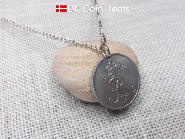 Denmark 1962 Crown R initial coin necklace with 62 year old 5 ore as coin pendant. Unique 62nd birthday gift or Danish vintage souvenir