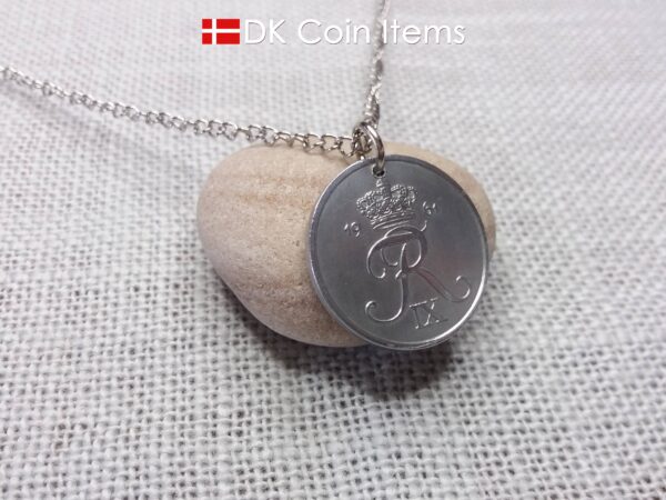 Denmark 1961 Crown R initial coin necklace with 63 year old 5 ore as coin pendant. Unique 63rd birthday gift or Danish vintage souvenir