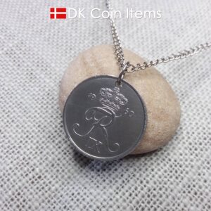 Denmark 1960 Crown R initial coin necklace with 64 year old 5 ore as coin pendant. Unique 64th birthday gift or Danish vintage souvenir