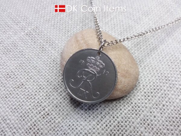 Denmark 1960 Crown R initial coin necklace with 64 year old 5 ore as coin pendant. Unique 64th birthday gift or Danish vintage souvenir