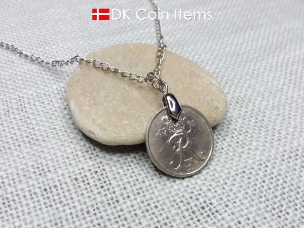 Crown R coin necklace with 63 year old Danish 5 ore 1961 as coin pendant on pinch bail. Vintage souvenir from Denmark